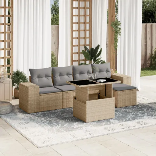 Conjunto de Sofás p/ Jardim com Almofadões Vime PE Bege (6 pcs)