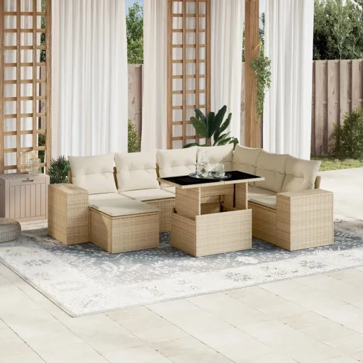 Conjunto de Sofás p/ Jardim com Almofadões Vime PE Bege (8 pcs)