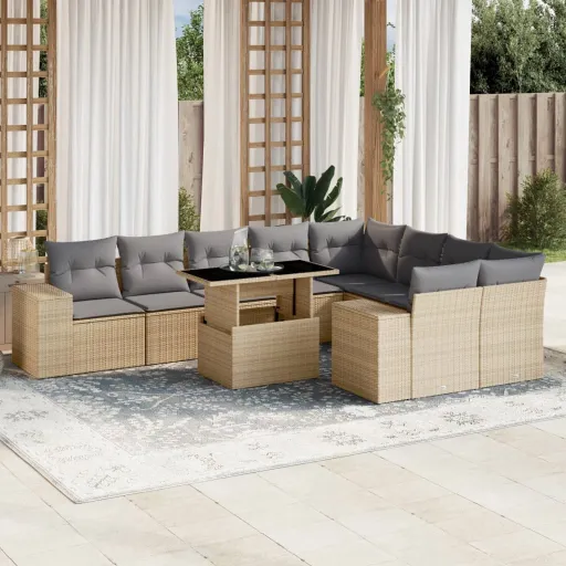 Conjunto de Sofás p/ Jardim com Almofadões Vime PE Bege (10 pcs)