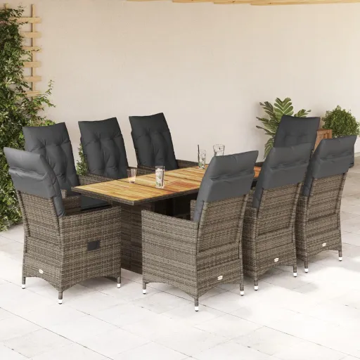 Conjunto de Jantar p/ Jardim c/ Almofadões Vime PE Cinza (9 pcs)