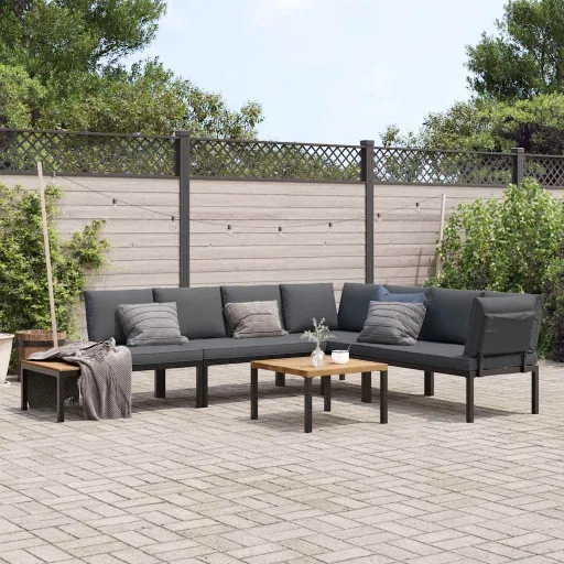 Conjunto de Sofás p/ Jardim c/ Almofadões Alumínio Preto (5 pcs)