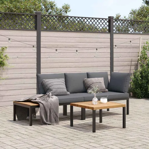 Conjunto de Sofás p/ Jardim c/ Almofadões Alumínio Preto (3 pcs)