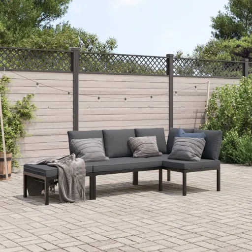 Conjunto de Sofás p/ Jardim c/ Almofadões Alumínio Preto (3 pcs)
