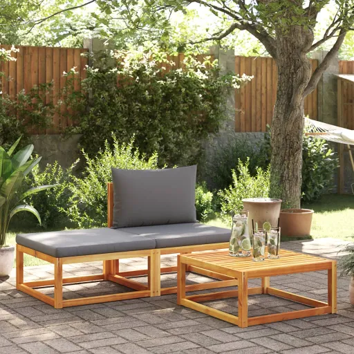 Conjunto de Sofás de Jardim  de 3 Peças com Almofadas de Madeira de Acácia e Corda