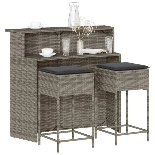 Conjunto de Bar p/ Jardim c/ Almofadões Vime PE Cinzento (3 pcs)