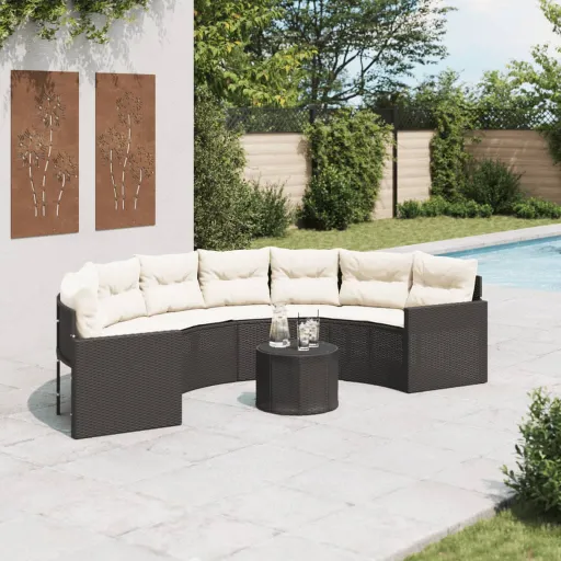 Sofá de Jardim com Mesa e Almofadões Semicircular Vime PE Preto