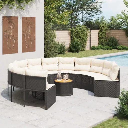 Sofá de Jardim com Mesa e Almofadões Redondo Vime PE Preto