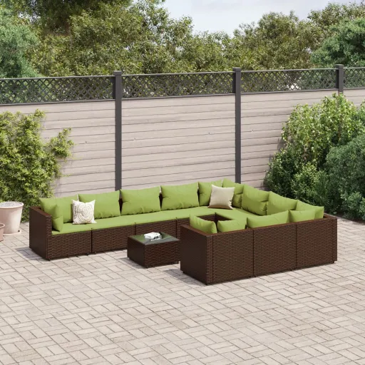 Conjunto Sofás de Jardim c/ Almofadões Vime PE Castanho (11 pcs)