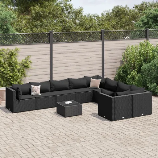 Conjunto Sofás de Jardim c/ Almofadões Vime PE Preto (10 pcs)
