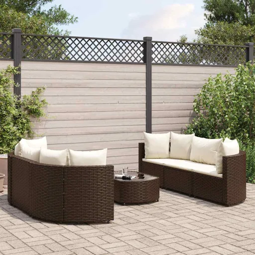 Conjunto de Sofás Jardim c/ Almofadões Vime PE Castanho (7 pcs)