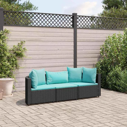 Conjunto Sofás de Jardim com Almofadões Vime PE Preto (3 pcs)