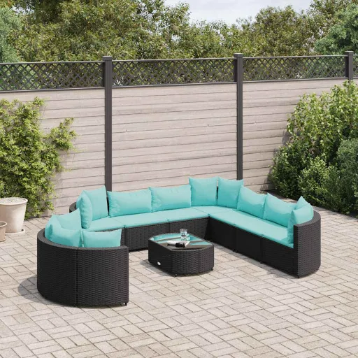Conjunto Sofás de Jardim c/ Almofadões Vime PE Preto (10 pcs)