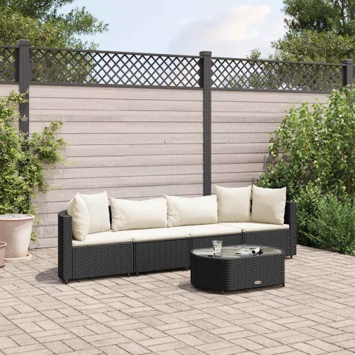 Conjunto Sofás de Jardim com Almofadões Vime PE Preto (5 pcs)