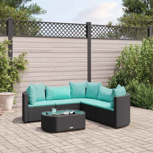 Conjunto Sofás de Jardim c/ Almofadões Vime PE Preto (6 pcs)