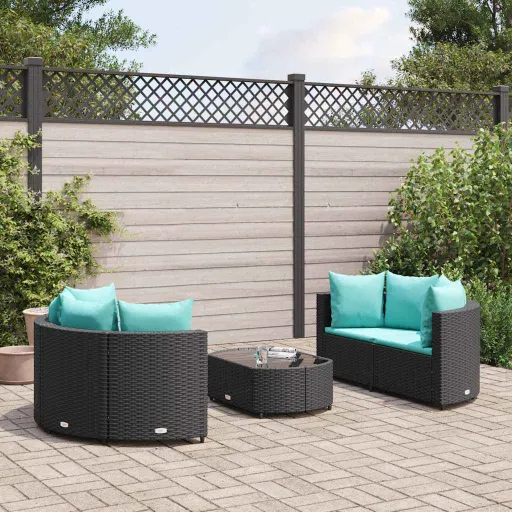 Conjunto Sofás de Jardim com Almofadões Vime PE Preto (5 pcs)
