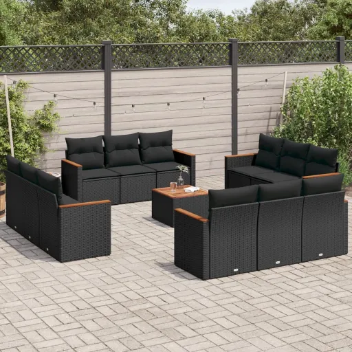 Conjunto de Sofás de Jardim com Almofadões Vime PE Preto (13 pcs)