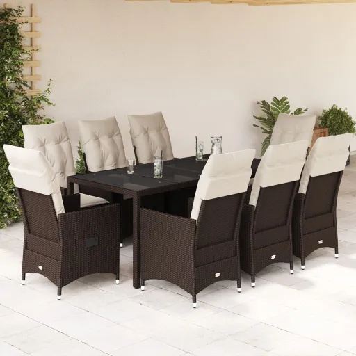 Conjunto Jantar p/ Jardim c/ Almofadões Vime PE Castanho (9 pcs)