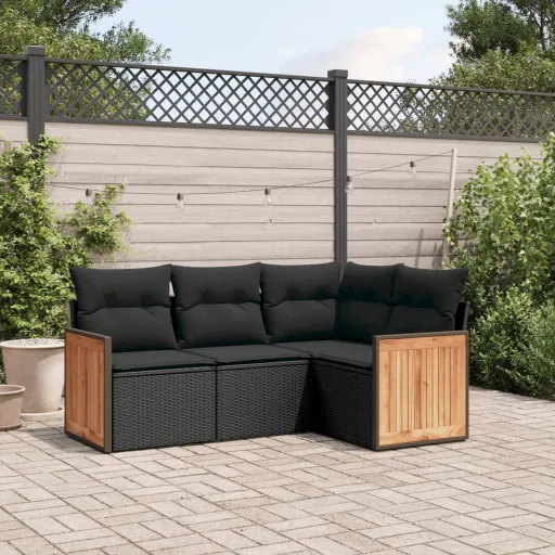 Conjunto de Sofás para Jardim c/ Almofadões Vime PE Preto (4 pcs)