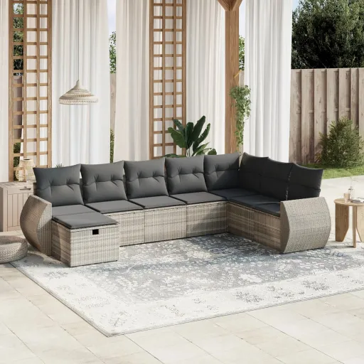 Conj. Sofás Jardim c/ Almofadões Vime PE Cinzento-Claro (8 pcs)