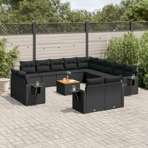Conjunto de Sofás p/ Jardim c/ Almofadões Vime PE Preto (14 pcs)