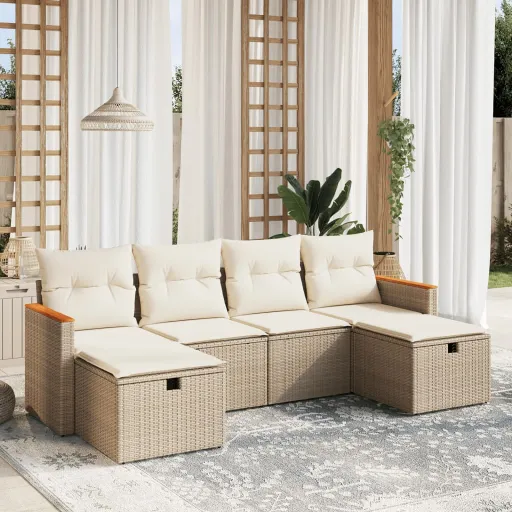Conjunto de Sofás p/ Jardim com Almofadões Vime PE Bege (6 pcs)
