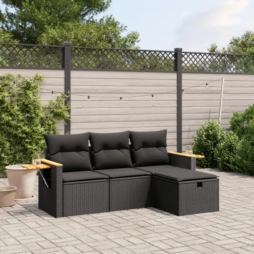 Conjunto de Sofás para Jardim c/ Almofadões Vime PE Preto (4 pcs)