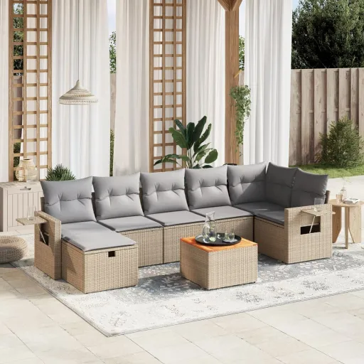 Conj. Sofás Jardim c/ Almofadões Vime PE Bege Misturado (8 pcs)
