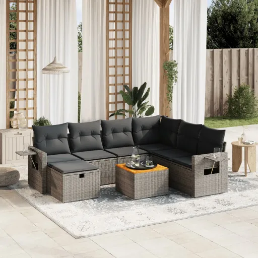 Conjunto Sofás de Jardim c/ Almofadões Vime PE Cinzento (8 pcs)