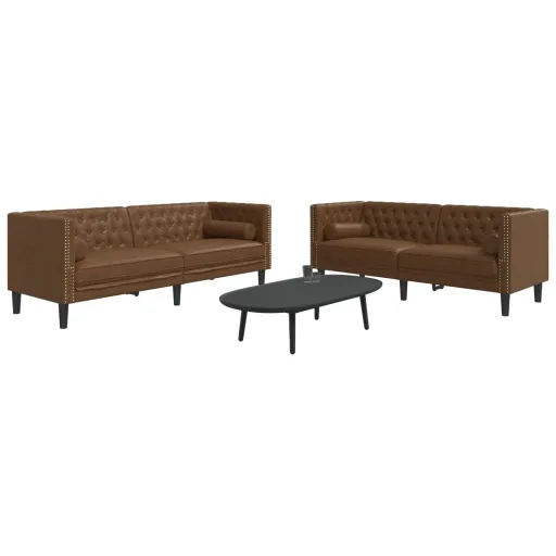 Conj. Sofás Chesterfield c/ Rolos Camurça Artif. Castanho (2 pcs)