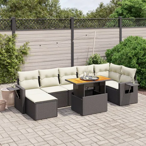 Conjunto Sofás de Jardim com Almofadões Vime PE Preto (8 pcs)
