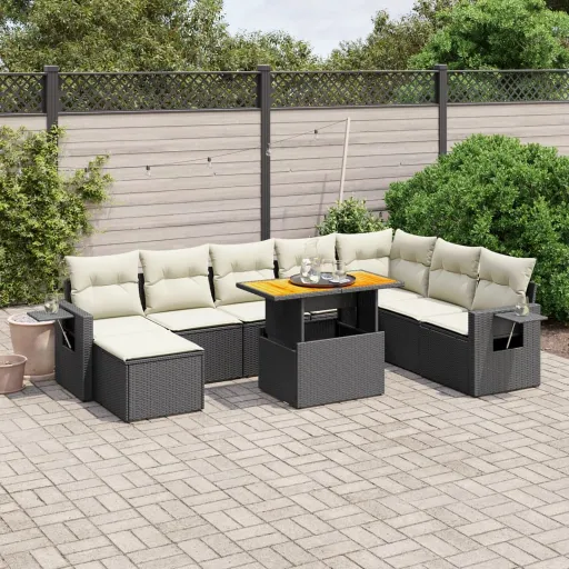 Conjunto de Sofás p/ Jardim c/ Almofadões Vime PE Preto (9 pcs)