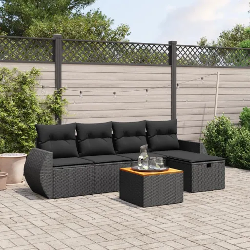 Conjunto Sofás de Jardim c/ Almofadões Vime PE Preto (6 pcs)