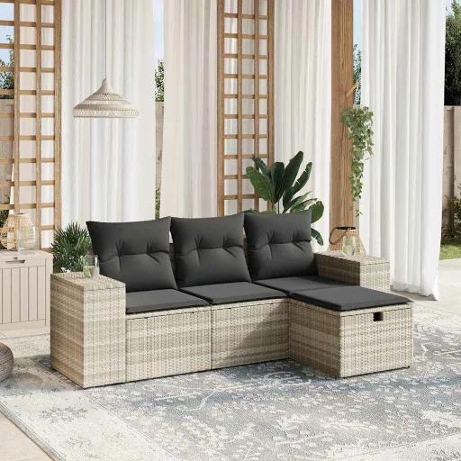 Conj. Sofás Jardim c/ Almofadões Vime PE Cinzento-Claro (4 pcs)