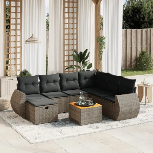 Conjunto Sofás de Jardim c/ Almofadões Vime PE Cinzento (8 pcs)