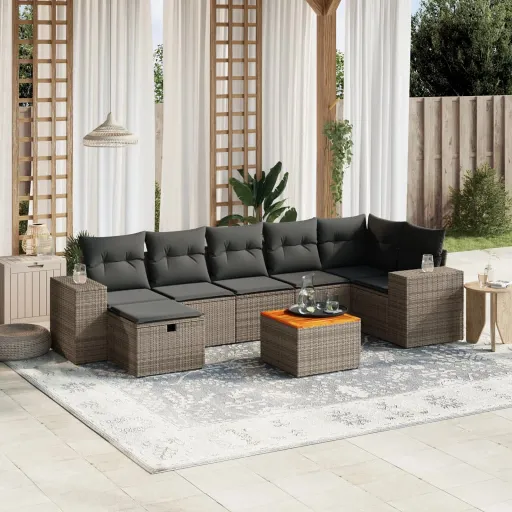 Conjunto Sofás de Jardim c/ Almofadões Vime PE Cinzento (8 pcs)