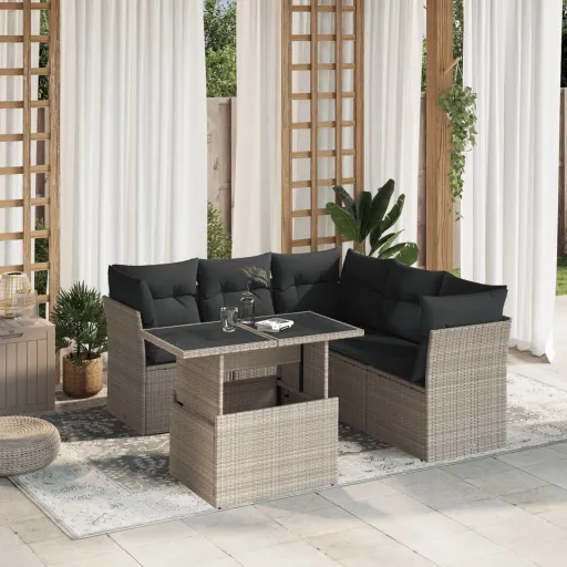 Conj. Sofás Jardim com Almofadões Vime PE Cinzento-Claro (6 pcs)
