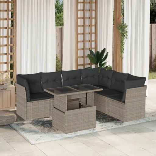 Conj. Sofás Jardim com Almofadões Vime PE Cinzento-Claro (7 pcs)
