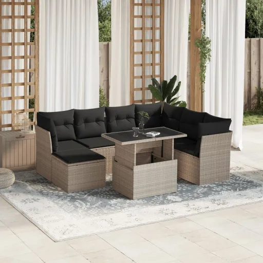 Conj. Sofás Jardim c/ Almofadões Vime PE Cinzento-Claro (8 pcs)
