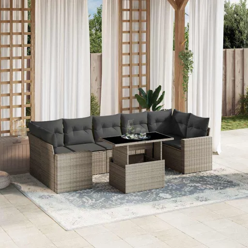 Conj. Sofás Jardim c/ Almofadões Vime PE Cinzento-Claro (8 pcs)