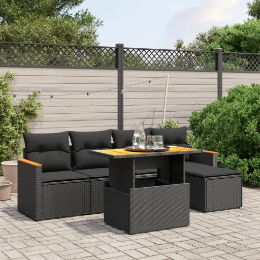 Conjunto Sofás de Jardim c/ Almofadões Vime PE Preto (6 pcs)