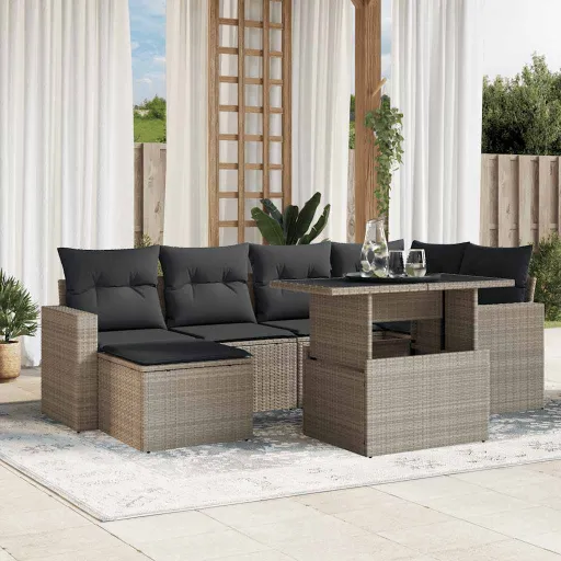Conj. Sofás Jardim com Almofadões Vime PE Cinzento-Claro (7 pcs)