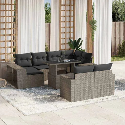 Conjunto Sofás de Jardim c/ Almofadões Vime PE Cinzento (11 pcs)