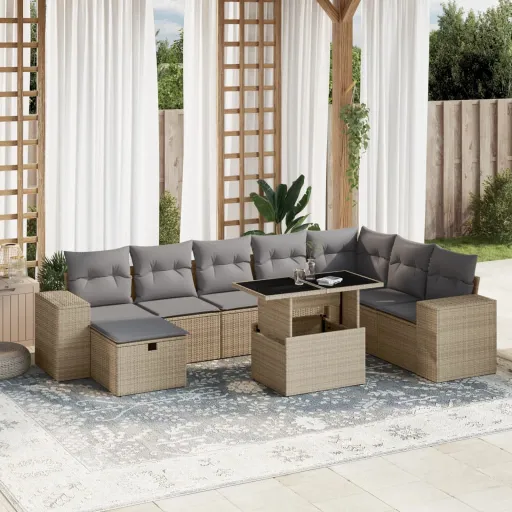 Conjunto de Sofás p/ Jardim com Almofadões Vime PE Bege (9 pcs)