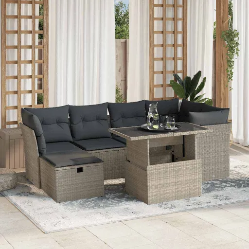 Conj. Sofás Jardim com Almofadões Vime PE Cinzento-Claro (7 pcs)