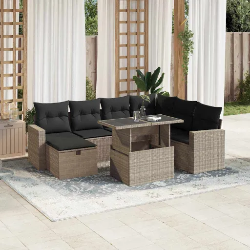 Conj. Sofás Jardim c/ Almofadões Vime PE Cinzento-Claro (8 pcs)