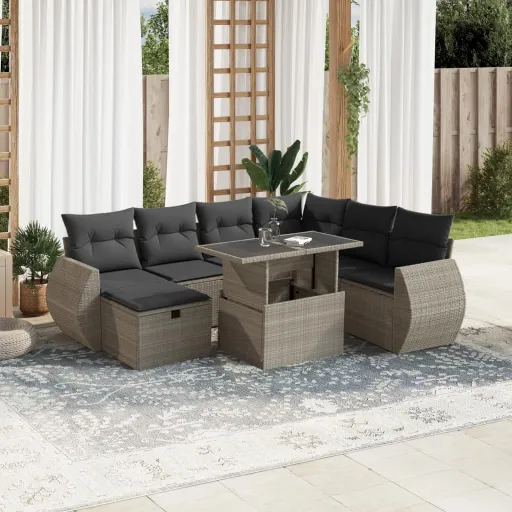 Conj. Sofás Jardim c/ Almofadões Vime PE Cinzento-Claro (8 pcs)