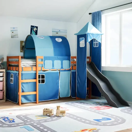 Cama Alta para Criança com Torre 80x200 cm Pinho Maciço Azul