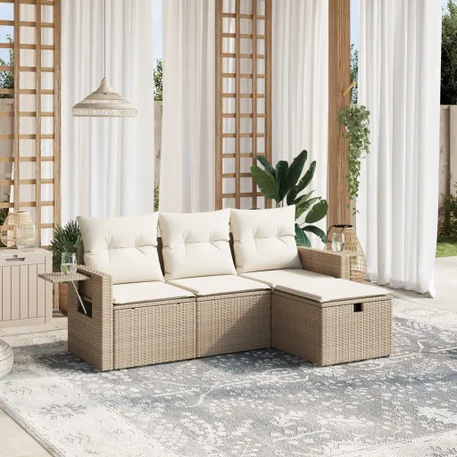 Conjunto de Sofás para Jardim c/ Almofadões Vime PE Bege (4 pcs)