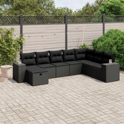 Conjunto Sofás de Jardim com Almofadões Vime PE Preto (8 pcs)