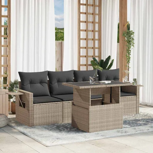 Conj. Sofás Jardim c/ Almofadões Vime PE Cinzento-Claro (5 pcs)
